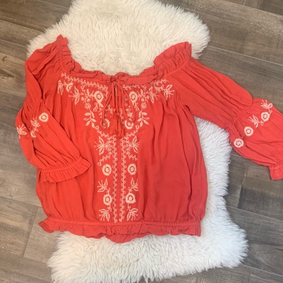 Boho Off-the-shoulder grapefruit-orange coloured blouse - long sleeve - Picture 4 of 7